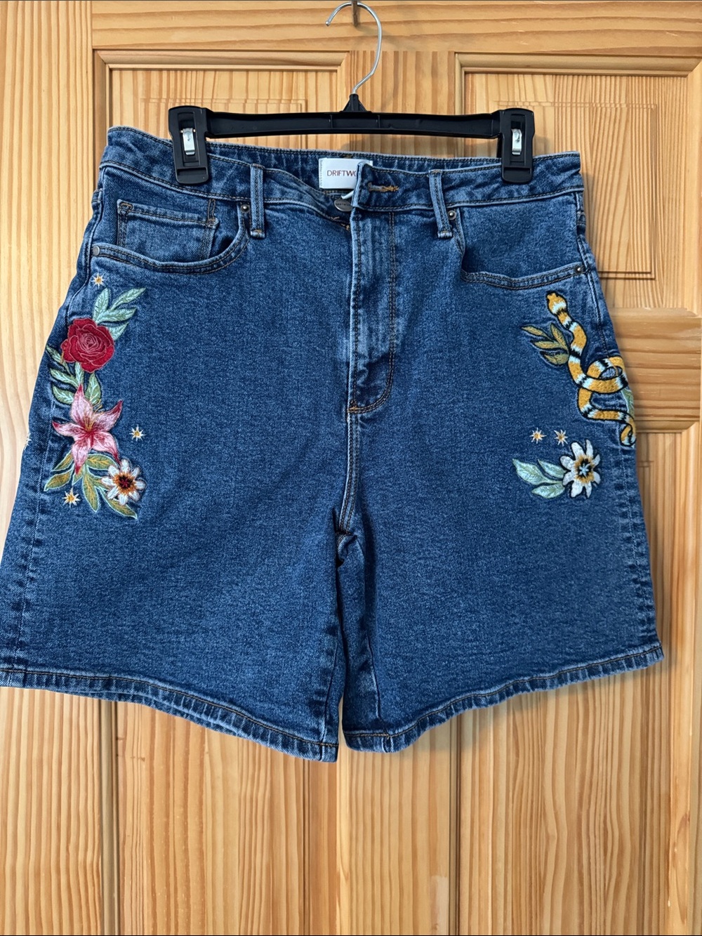 DRIFTWOOD Blue Denim Shorts with Floral & Snake Embroidery
